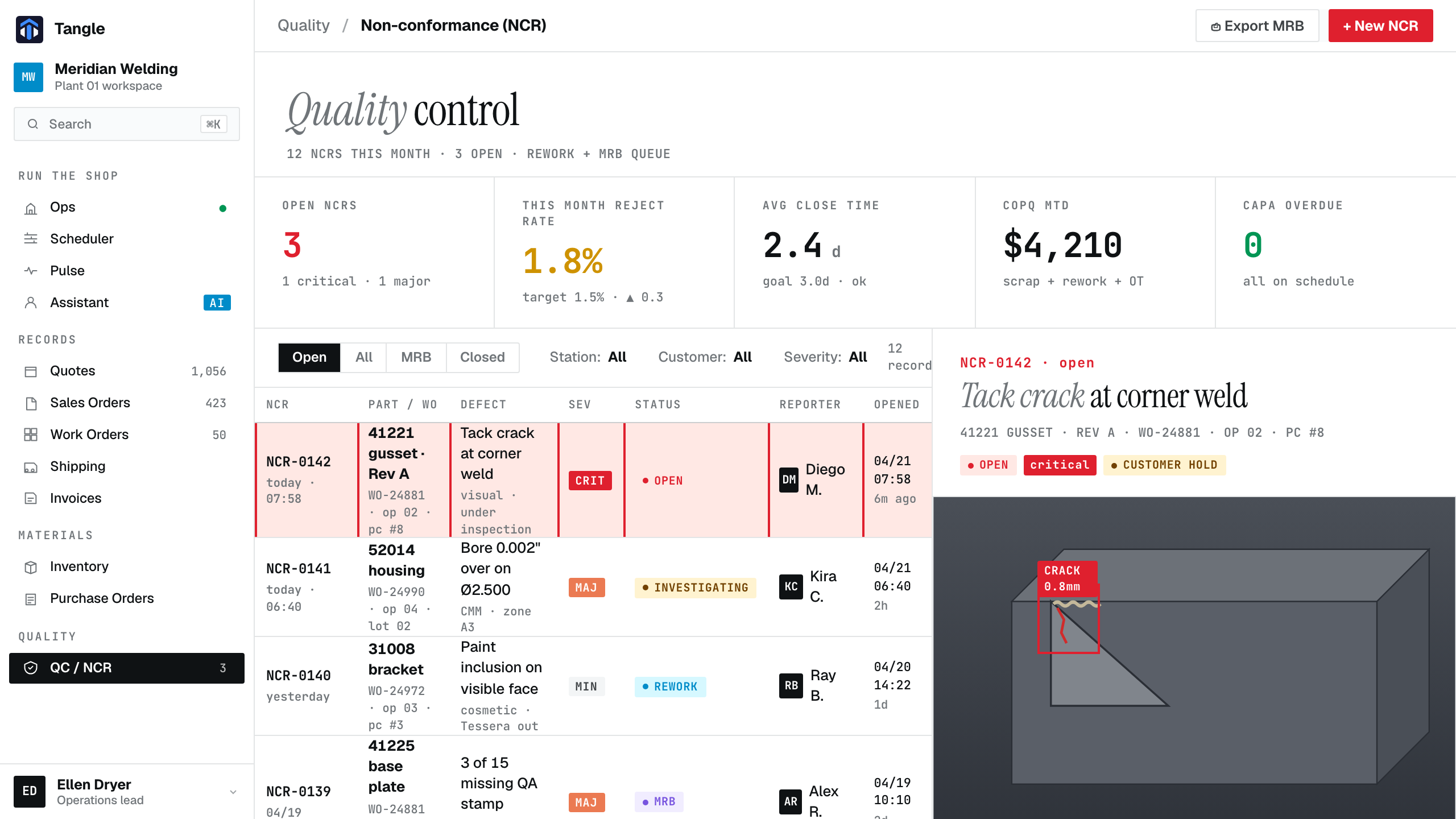 Tangle quality control screen showing NCR tracking and defect details for fictional manufacturing data.
