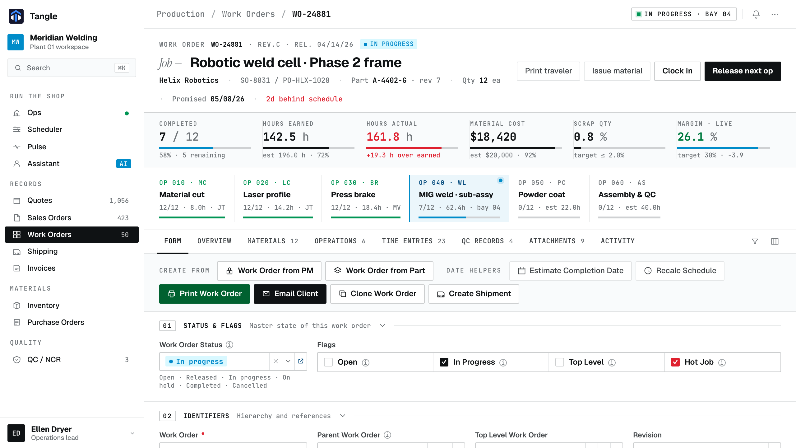 Tangle work order screen showing operational status, routing, materials, and quality details for fictional manufacturing data.